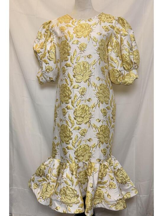 Dresses & Skirts - Vintage 1980s Metallic Gold Floral Brocade Puff Sleeve Dress with Flounce Hem